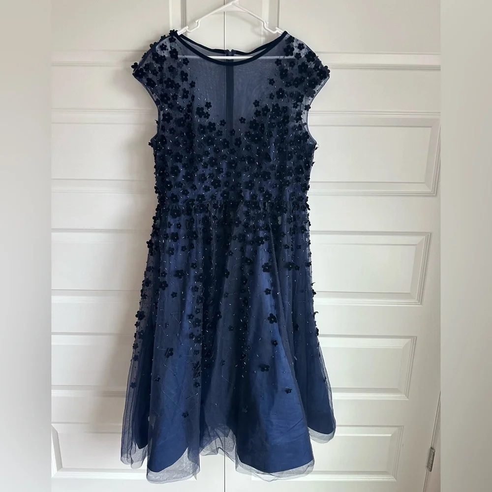 Mac Duggal Floral Embellished Illusion Midnight Midi Cocktail‎ Dress NWT